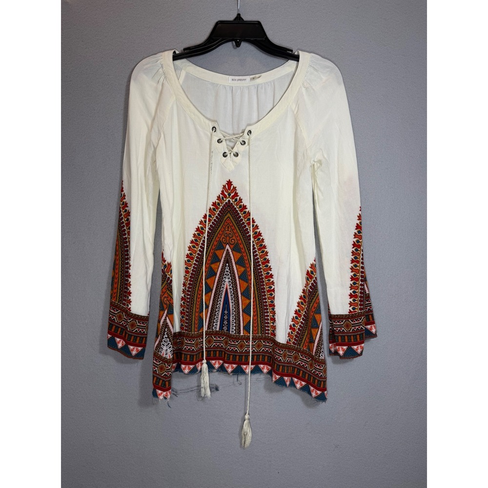 Blu Pepper Boho Embroidered Tunic Top Tribal Print Peasant Small Flowy - Picture 1 of 10